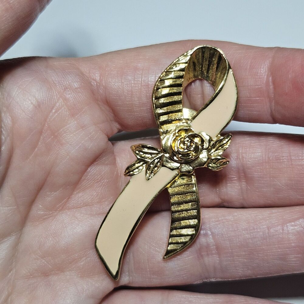 Vintage Avon Pink Ribbon Pin Brooch Breast Cancer Awareness Rose Gold Tone